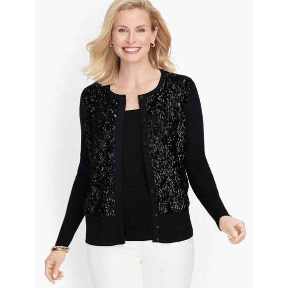 NWOT Talbots Sequined Rib knit Trim Cardigan Size Small Black Wool Blend Preppy - Picture 2 of 11